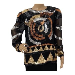 Vintage Oleg Cassini Women's Multicolor Pullover Sequins Top, Blouse, M.